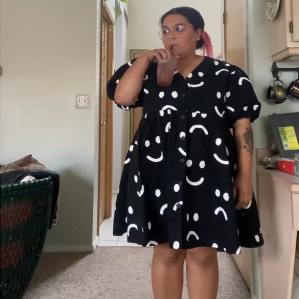 Lazy Oaf Black Dress Happy Sad Puff Sleeve Dress - Picture 6 of 6